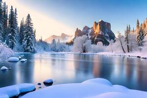 A winter wonderland scene with snow secured trees and a set stream. photo