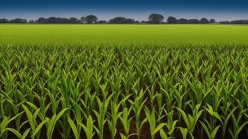 green columns of created corn on a private agrarian field. AI Generated photo