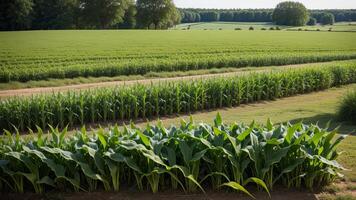 green columns of made corn on a private agrarian field. AI Generated photo