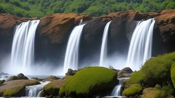 effective waterfall cascading down rough cliffs, with fog rising from the affect. AI Generated photo