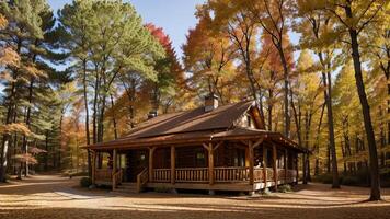 common cabin settled interior the center of tall trees and included by a carpet of collect time takes off. photo