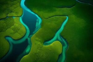 An image taken from above of a river splitting into smaller channels, surrounded by different shades of green and blue.. Creative resource, AI Generated photo