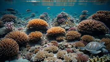 mesmerizing picture of a energized coral reef flooding with colorful point, turtles, and other marine life. AI Generated photo