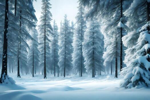 a calm winter scene of snow secured evergreen trees standing in a calm woods. Creative resource, photo