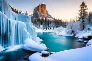 A cemented waterfall taking after a precious stone shape in a winter wonderland. photo