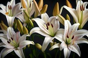 Beautiful lilies, being honored on March 8, displayed in bright studio lights.. Creative resource, AI Generated photo