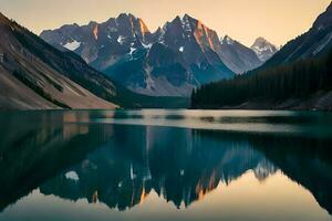 un calma lago reflejando el brillante montaña crestas ese cemento él. ai generado foto