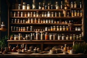 a cozy sedate master shop brimming with dried herbs, botanical extricates, and all encompassing cures. Creative resource, AI Generated photo