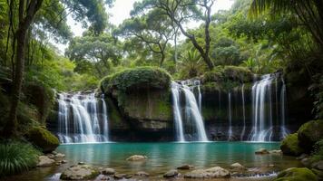 encantador cascada tomar apagado hacer. pintar un escena de un asegurado cascada en un inequívoco salvaje. ai generado foto