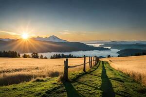 A calm air countryside landscape with graze overawe , a agrestic wooden fence , and a well - defined bluing sky. Creative resource, photo