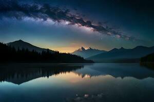 A mesmerizing night sky over a calm lake, reflecting the stars and the Smooth Way. AI Generated photo