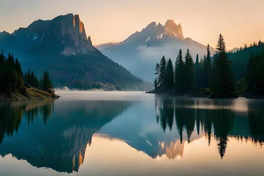 A cloudiness secured mountain lake with evergreen trees reflected on its sparkly surface. photo