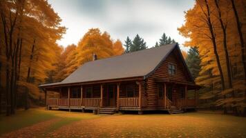 common cabin settled inside the center of tall trees and included by a carpet of collect time takes off. photo