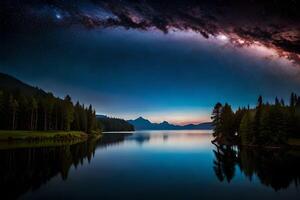 A mesmerizing night sky over a calm lake, reflecting the stars and the Smooth Way. photo