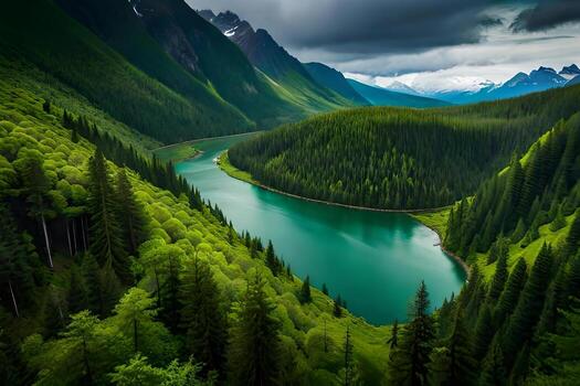 An antenna watch of a odorize river flowing through a dense afforest , creating a captivating natural radiation model. Creative resource, photo