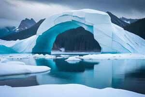 A colossal floating ice sheet forming a characteristic bend over the bone chilling waters. Ai Generated photo