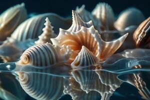 Seashells on water large scale, coastal tones beneath studio light. Enchanted reflections fascinate. Creative resource, photo