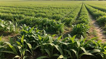 verde columnas de hecho maíz en un privado agrario campo. ai generado foto