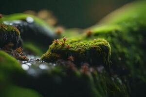 This is a detailed picture of a stone that has moss growing on it. It shows how tiny homes for living things are hidden and calm.. Creative resource, AI Generated photo