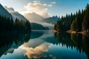 un abundancia de nubes asegurado montaña lago con hojas perennes arboles reflejado en sus brillante superficie. ai generado foto