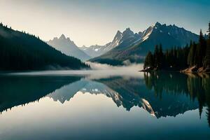 un abundancia de nubes asegurado montaña lago con hojas perennes arboles reflejado en sus brillante superficie. ai generado foto