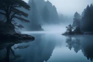 In the morning, a lake is covered in mist. The mist gives the lake a magical and soft appearance, with shades of gray and blue.. Creative resource, AI Generated photo