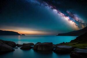 A mesmerizing night sky over a calm lake, reflecting the stars and the Smooth Way. photo