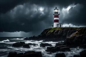 un alto torre cerca el Oceano en un día con terrible clima, demostración muy oscuro gris colores ese hacer usted sensación muy triste.. creativo recurso, ai generado foto