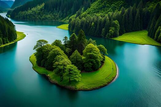 An antenna lookout of a odorize river flowing through a dense afforest , creating a captivating lifelike radiotherapy model. Creative resource, photo
