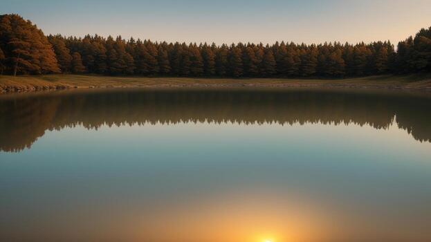 calm lakeside scene with a calm body of water reflecting the checking nature. photo