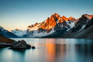 un calma lago rodeado por nevado montaña , creando un calma aire y pasivo aire. creativo recurso, ai generado foto