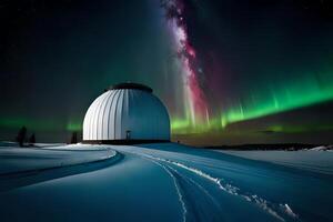 plan un observatorio con telescopios puntiagudo a el noche cielo, capturar el encantamiento de el del Norte luces. ai generado foto