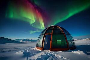 Organize an observatory with telescopes pointed at the night sky, capturing the charm of the Northern Lights. Ai Generated photo