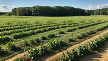 green columns of made corn on a private agrarian field. AI Generated photo