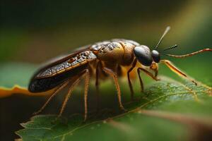 A close-up photo of a small bug on a leaf that shows all the little parts. It shows how things are on the ground in the forest.. Creative resource, AI Generated