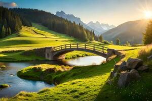 un pasivo voz campo escena con un serpenteante río , pasto oveja , y un agresivo de madera puente. creativo recurso, ai generado foto