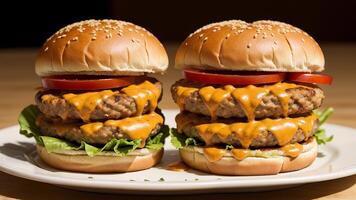 fantásticamente delicioso hamburguesa con queso, Cerraduras en hamburguesa fotografía. ai generado foto