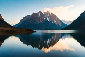 un calma lago reflejando el envolvente montañas y cielo me gusta un reflejar. ai generado foto