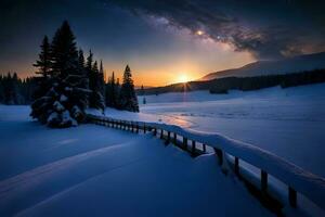 Aparecer apagado un calma escamoso abajo como de santa trineo costas mediante un estrellado, nieve besado cielo. ai generado foto