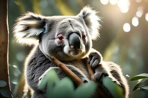 A sensitive koala captured in marvelous eucalyptus settings. Creative resource, AI Generated photo