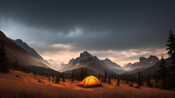 camping insides the mountains, tents insides the timberland. photo