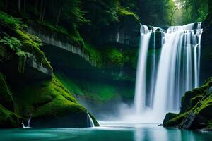 A imperial waterfall surrounded by alcoholic greenery and malefic , showcasing the baron and collision of nature. Creative resource, AI Generated photo