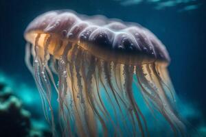 An ethereal jellyfish portrayed in mesmerizing submerged wide scale. Creative resource, photo