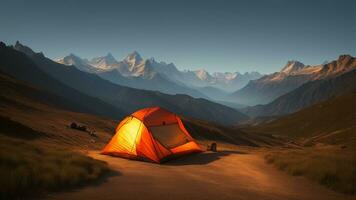 camping interior the mountains, tents interior the timberland. AI Generated photo