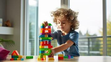 Two young boys building a towering skyscraper out of colorful blocks photo