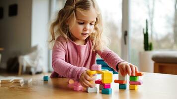 A young child using blocks to learn basic counting and math skills. photo