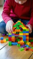 A child's hands building a simple house with colorful plastic blocks photo