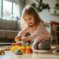 A young child using blocks to learn basic counting and math skills. photo