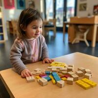 A young child using blocks to learn basic counting and math skills. photo