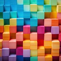 Colorful blocks stacked high in a tower photo
